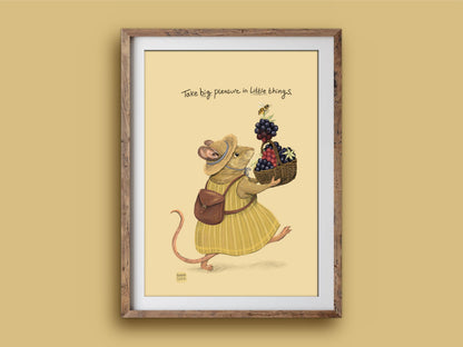 Little Things print in a rustic timber frame: a mouse in a yellow dress and satchel striding with a basket of blackberries