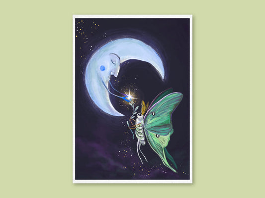 Luna Moth art print by Anna Seed: a green luna moth accepts a glowing star from a sleeping crescent moon in a night sky
