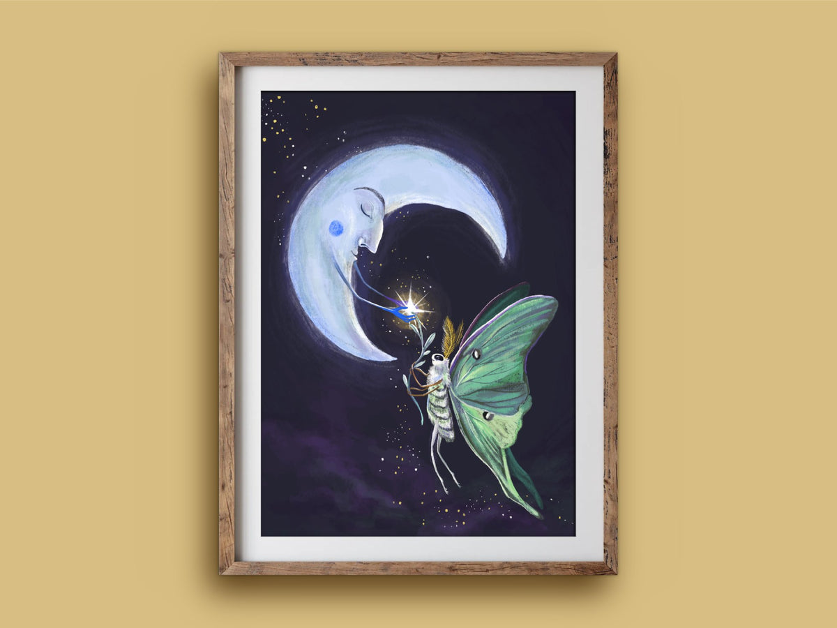 Luna Moth print in a rustic timber frame: a pale green moth reaching up to a smiling crescent moon among tiny stars