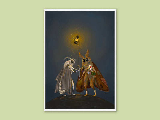 Mender of Wings art print by Anna Seed: a patched moth medic tends a grey moth under a lantern hung from a sewing needle