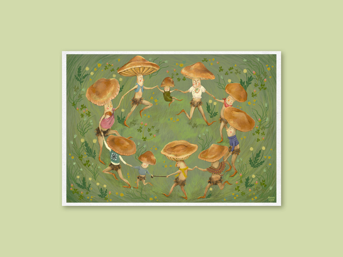 Merry Dance art print by Anna Seed: a fairy ring of mushroom folk, young and old, holding hands and dancing on green grass
