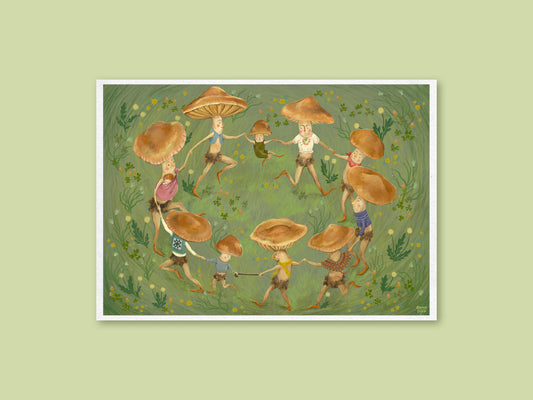 Merry Dance art print by Anna Seed: a fairy ring of mushroom folk, young and old, holding hands and dancing on green grass