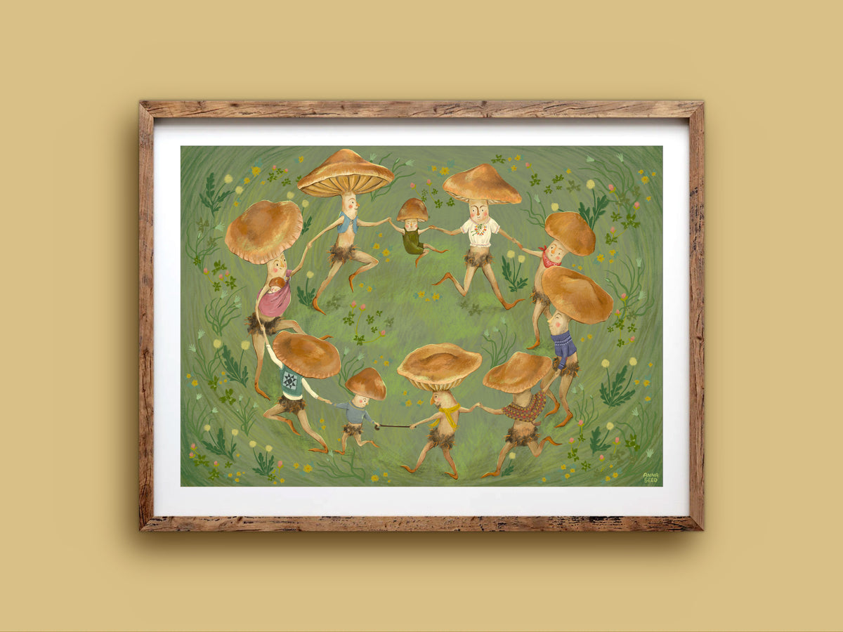 Merry Dance landscape print in a rustic timber frame: a circle of toadstool people dancing in a meadow of tiny flowers