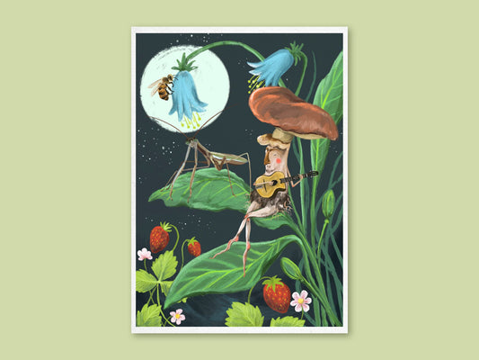 Moonlight Serenade art print by Anna Seed: a mushroom plays guitar to a mantis and bee under a full moon, on green