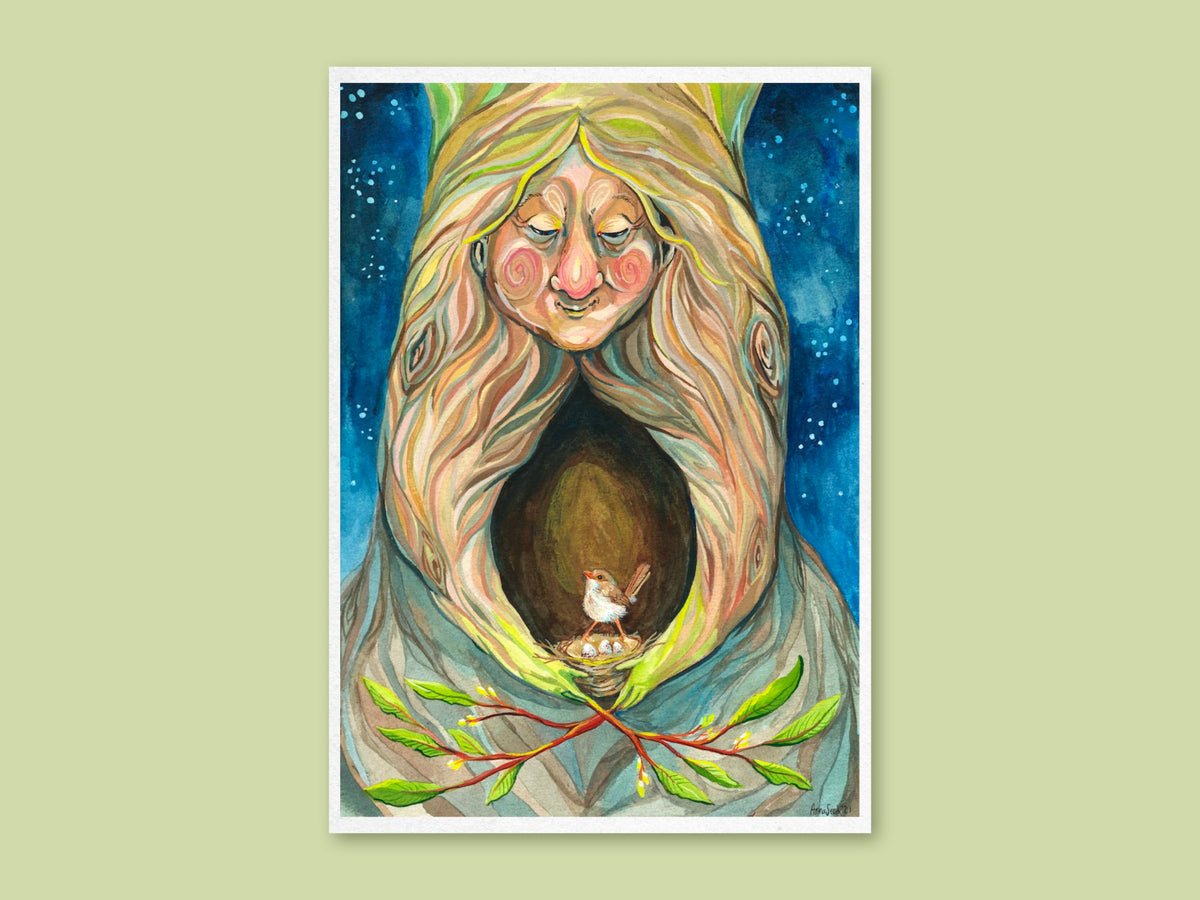 Mother Nature art print by Anna Seed: a gentle tree spirit with flowing bark hair cradles a wren's nest under stars