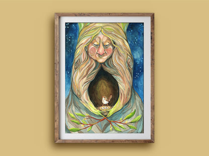 Mother Nature print in a wooden frame on a mustard wall, a tree woman sheltering a little wren and nest in her hollow