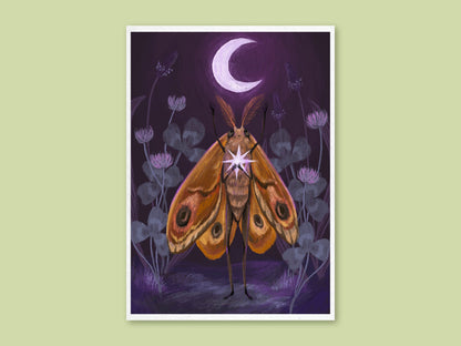 Moth's Dream art print by Anna Seed: an orange moth holds a glowing star beneath a crescent moon on deep purple