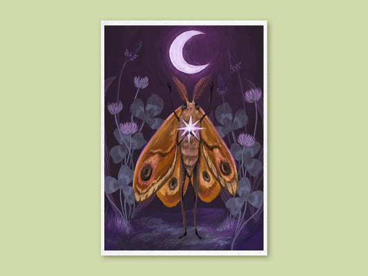 Moth's Dream art print by Anna Seed: an orange moth holds a glowing star beneath a crescent moon on deep purple