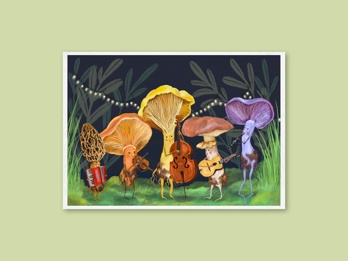 Mushroom Band art print by Anna Seed: five mushrooms play accordion, fiddle, double bass, guitar and clarinet at night