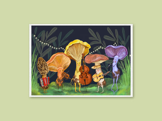 Mushroom Band art print by Anna Seed: five mushrooms play accordion, fiddle, double bass, guitar and clarinet at night