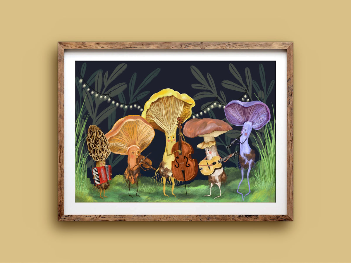 Mushroom Band landscape print in a wooden frame on a mustard wall, a mushroom jazz band under festoon lights