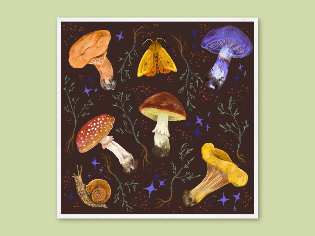 Mushroom Collection art print by Anna Seed: assorted painted fungi, a moth and a snail with purple stars on dark brown