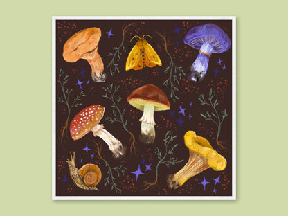 Mushroom Collection art print by Anna Seed: assorted painted fungi, a moth and a snail with purple stars on dark brown