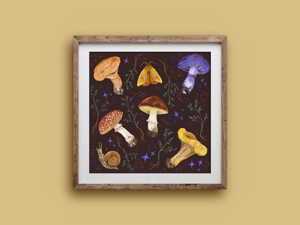 Square Mushroom Collection print in a wooden frame on a mustard wall, colourful mushrooms, moth and snail on brown