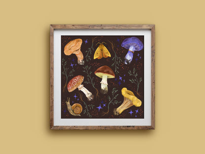 Square Mushroom Collection print in a wooden frame on a mustard wall, colourful mushrooms, moth and snail on brown