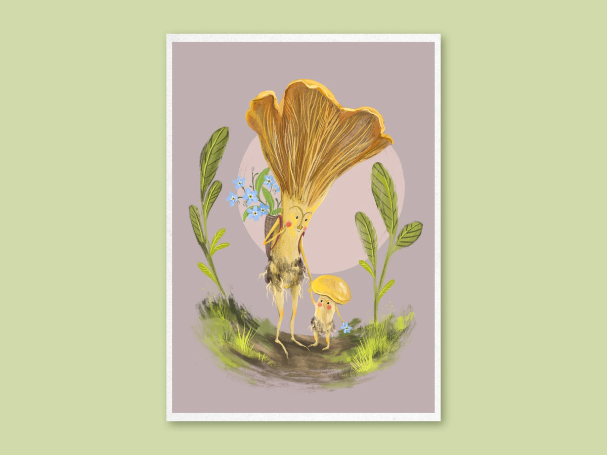 Mushroom Mama art print by Anna Seed: a chanterelle mother holding forget-me-nots walks with her little button mushroom