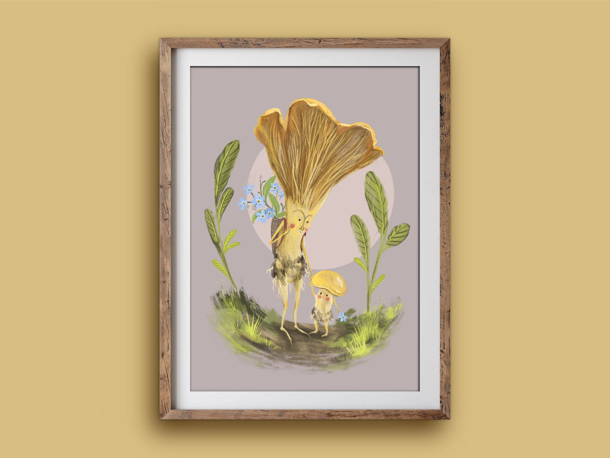 Mushroom Mama print in a wooden frame on a mustard wall, a golden mushroom mum and baby on a mauve background