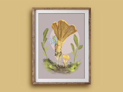 Mushroom Mama print in a wooden frame on a mustard wall, a golden mushroom mum and baby on a mauve background