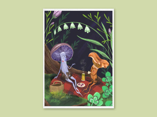 Mushroom Picnic art print by Anna Seed: a purple mushroom and an orange one share tea on a red checked rug at night