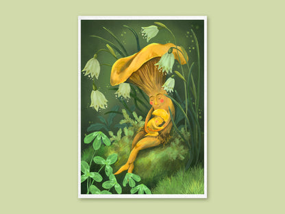 Mushroom Snuggles art print by Anna Seed: a golden mushroom mama cradles her sleeping baby on moss beneath snowflakes