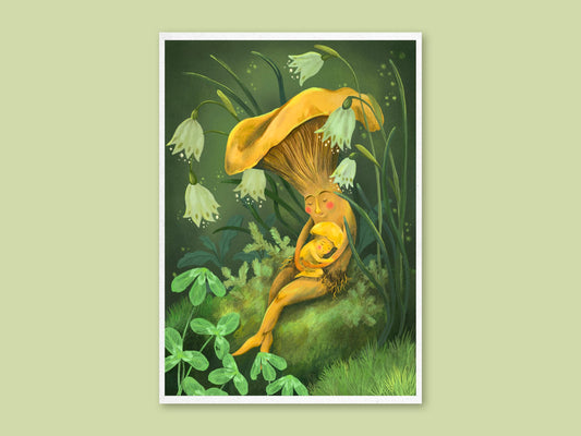 Mushroom Snuggles art print by Anna Seed: a golden mushroom mama cradles her sleeping baby on moss beneath snowflakes