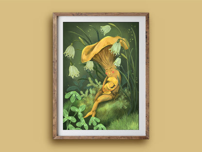 Mushroom Snuggles print in a wooden frame on a mustard wall, a yellow mushroom mother hugging her baby in green woods