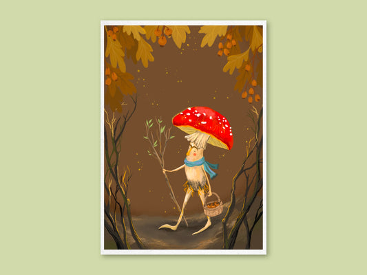 Mushroom Wanderer art print by Anna Seed: a red toadstool in a blue scarf strolls with a stick and basket under oak leaves