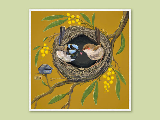 Nest Sweet Nest art print by Anna Seed: two fairy wrens kiss in their nest among wattle and gum leaves on mustard