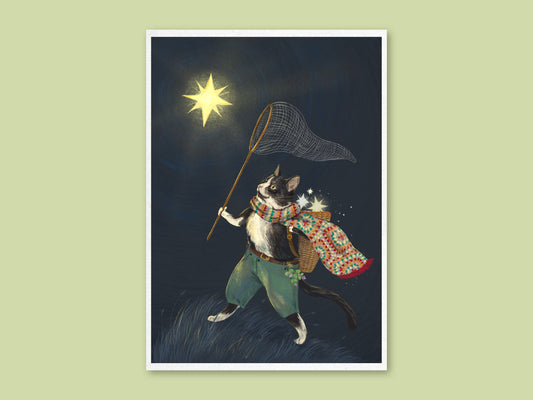 On To The Next Life art print by Anna Seed: a tuxedo cat in a crochet scarf chases a bright star with a net at night