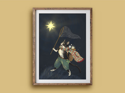 On To The Next Life print in a wooden frame on a mustard wall, a black and white cat with a basket and butterfly net