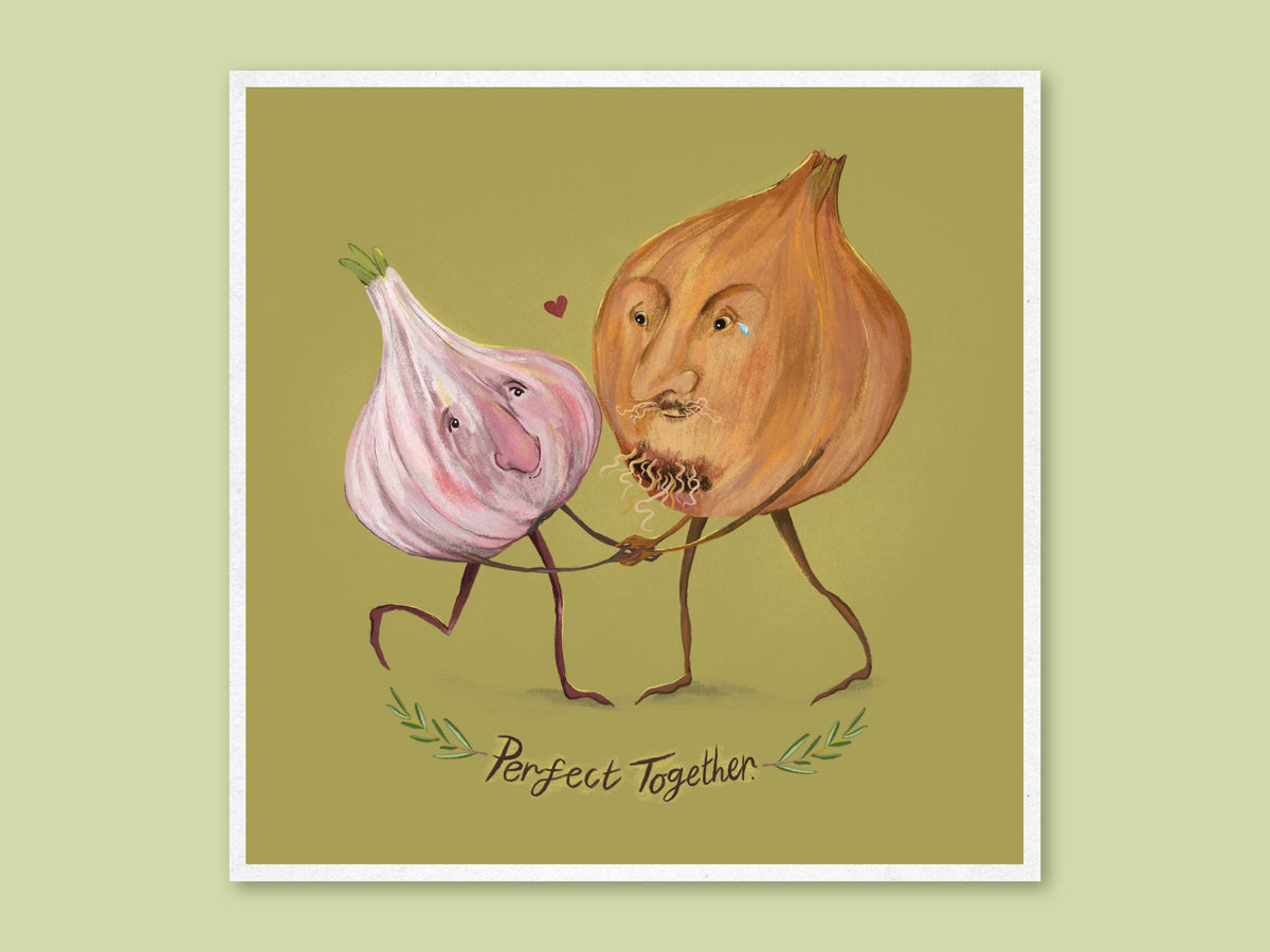Perfect Together art print by Anna Seed: a garlic bulb and an onion dance hand in hand above lettering on olive green