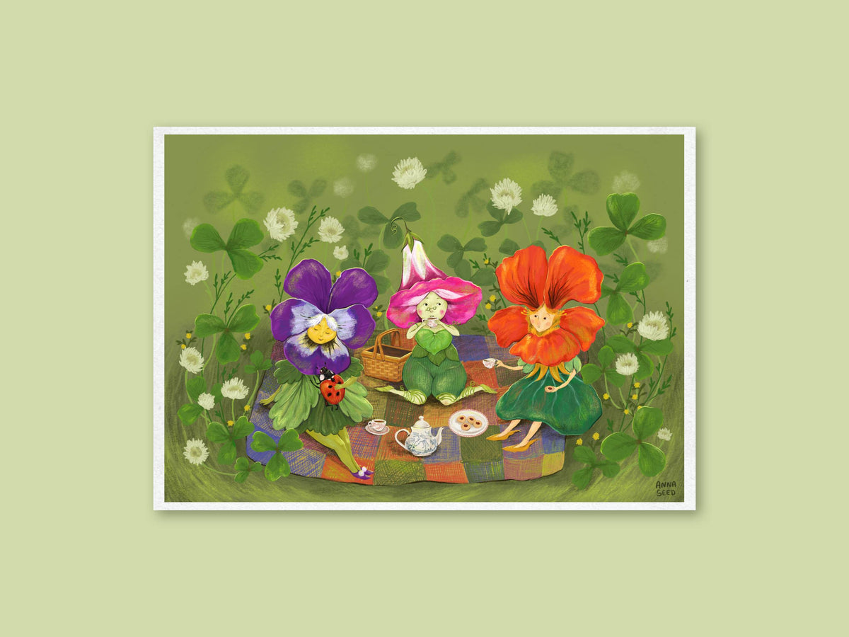 Petal Picnic art print by Anna Seed: pansy, sweet pea and nasturtium flower friends share tea on a patchwork rug in clover