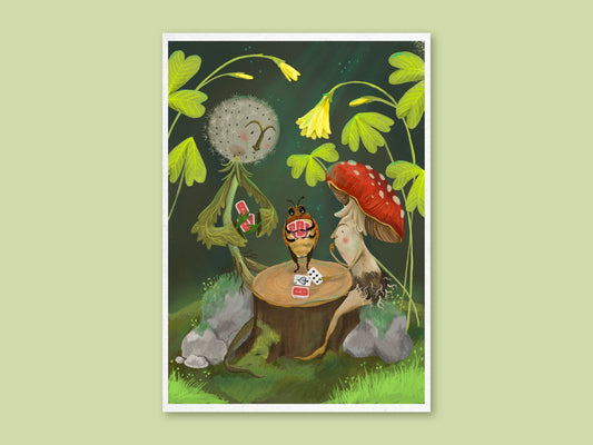 Playing Cards art print by Anna Seed: a dandelion, a beetle and a red toadstool play cards on a tree stump in the woods
