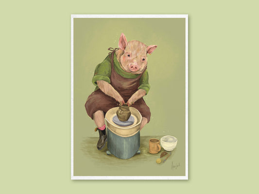 Pottery Pig art print by Anna Seed: a pig in a green jumper and brown apron throws a pot on a wheel, on sage green