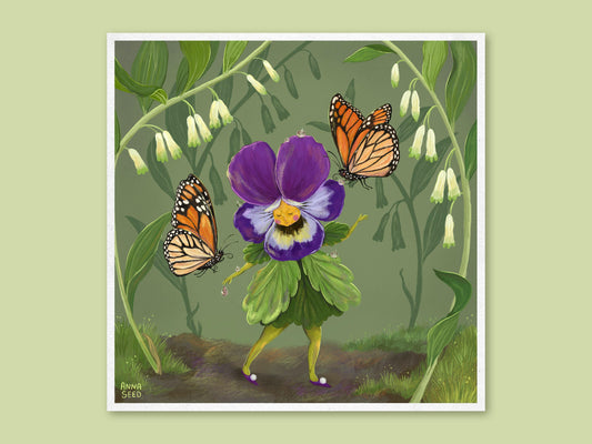 Pretty Miss Pansy art print by Anna Seed: a purple pansy girl dances as two monarch butterflies add dewdrops, on sage