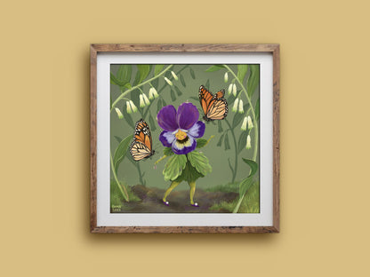Square Pretty Miss Pansy print in a wooden frame on a mustard wall, a pansy figure with monarch butterflies and bellflowers