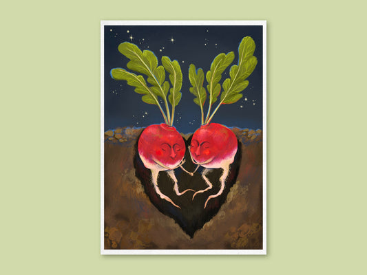 Radish Cuddles art print by Anna Seed: two red radishes sleep cuddled in a heart-shaped burrow under a starry night sky