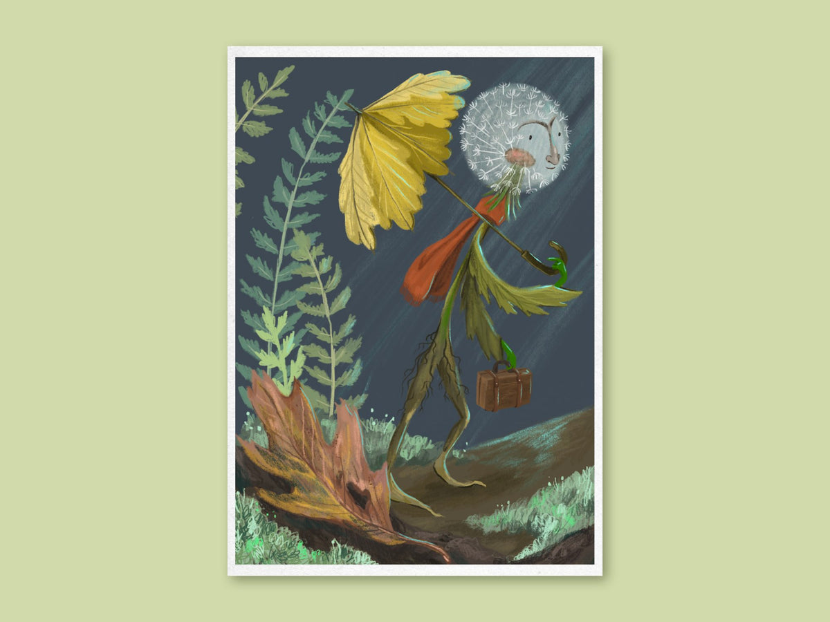 Rainy Day Dandy art print by Anna Seed: a dandelion clock in a red scarf walks through the rain with a leaf umbrella