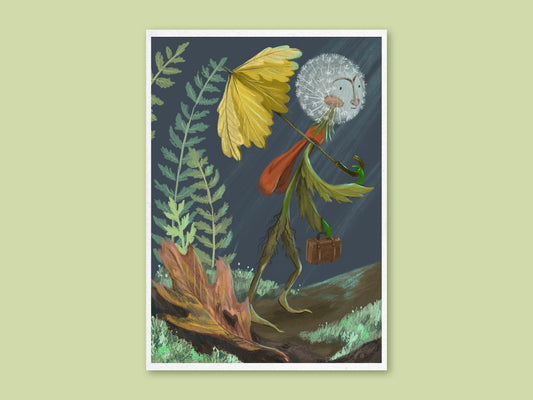 Rainy Day Dandy art print by Anna Seed: a dandelion clock in a red scarf walks through the rain with a leaf umbrella