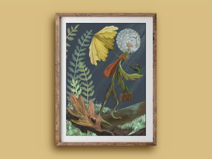 Rainy Day Dandy print in a wooden frame on a mustard wall, a dandelion with a suitcase heading home past autumn ferns