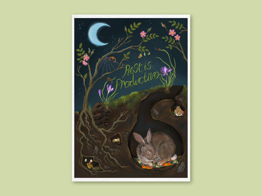 Rest is Productive art print by Anna Seed: a rabbit sleeps in its burrow below lettering, a crescent moon and wild roses