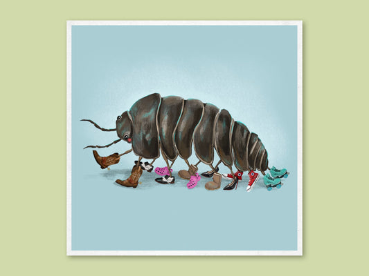 Roland's Dream art print by Anna Seed: a grey roly-poly bug proudly wears boots, sneakers and roller skates on pale blue