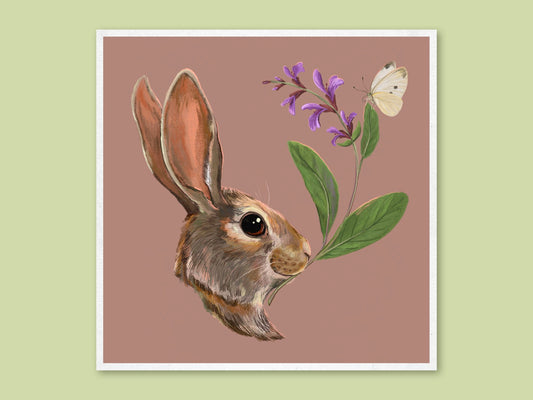 Sage art print by Anna Seed: a brown hare offers a sprig of purple-flowered sage, with a white butterfly, on dusty pink