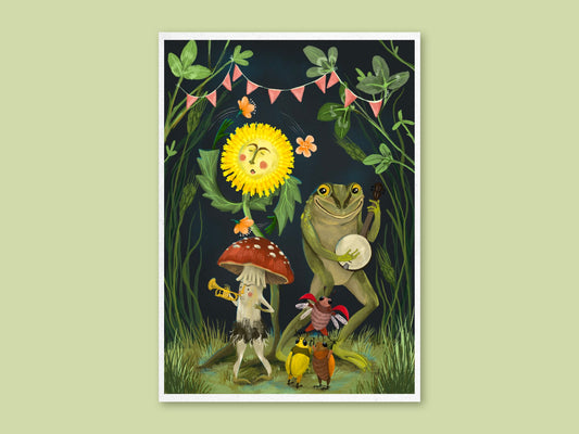 Showtime art print by Anna Seed: a frog plays banjo, a toadstool plays trumpet and beetles tumble under bunting at night