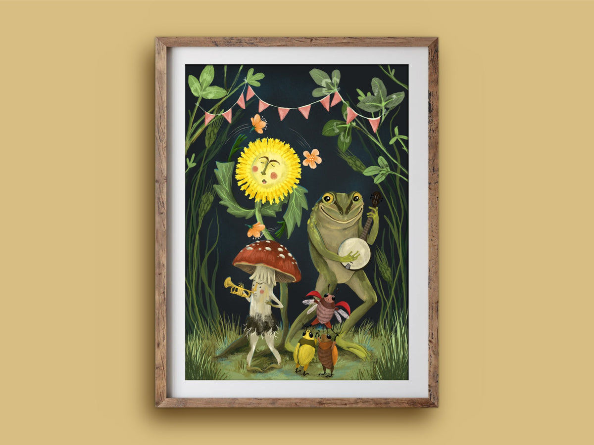 Showtime print in a wooden frame on a mustard wall, woodland performers with a juggling dandelion and pink bunting