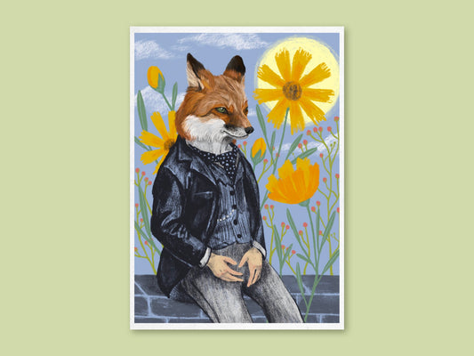 Sir Fox art print by Anna Seed: a fox gentleman in a dark jacket sits on a garden wall among yellow flowers, on green