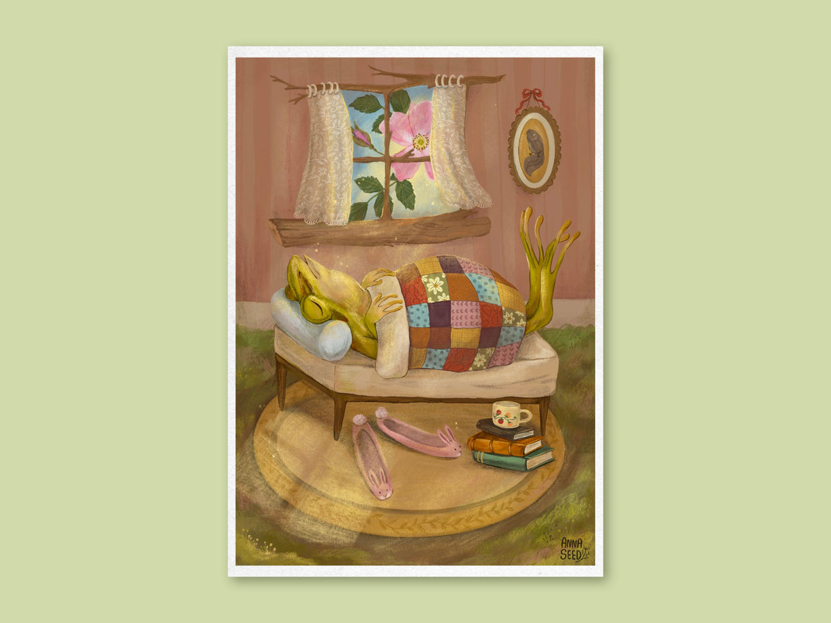 Sleeping In art print by Anna Seed: a frog dozes under a patchwork quilt as morning sun streams through the window
