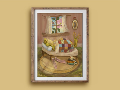 Sleeping In print in a wooden frame on a mustard wall, a sleepy frog in bed with pink slippers and books on the rug