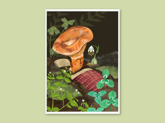 Sleepy Mushroom art print by Anna Seed: an orange mushroom wakes in a tartan-blanket bed of moss and clover, on green