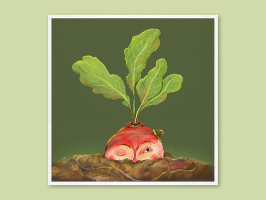 Sneak a Peak square art print by Anna Seed: a cheeky radish peeps one eye above the soil, a tiny snail on top, on green